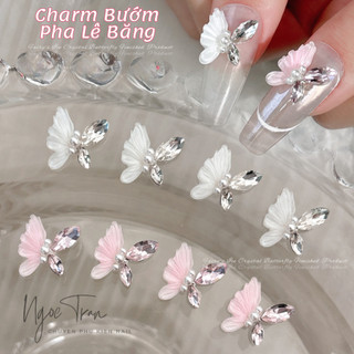 Charm bướm thạch pha lê pastel trắng hồng | trang trí móng tay 7e