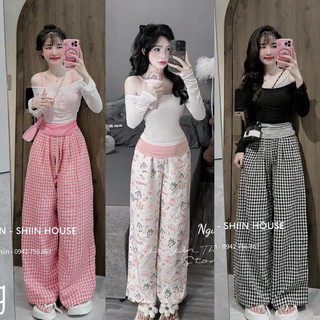 Set áo trễ vai tay dài phối áo yếm kèm quần hoạ tiết