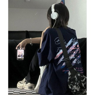 Focus Local brand Fashion áo phông Xanh đậm in Mùa hè 2024 áo thun chất form rộng cổ tròn tay ngắn 100%cotton