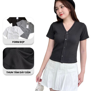 Áo thun cổ tim tay ngắn nữ madela vải gân tăm co giãn, áo croptop thun tăm cổ tim dày dặn có bigsize