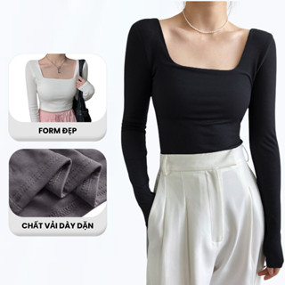  Áo Thun Croptop Cồ Vuông Nữ Dài Tay Dáng Ôm Body Madela Vải Thun Co Giãn 4 Chiều Croptop Cổ Vuông Nữ Dài Tay 