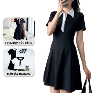 Váy Polo Nữ Có Cổ Liền Thân Dáng Dài Ngắn Tay Madela Vải Thun Cotton Dày Dặn Co Dãn Mềm Mịn, Đầm Polo Nữ Dáng Dài Có Cổ