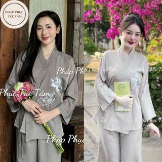 [Mẫu mới] Pháp phục đi chùa thêu hoa sen vạt chéo, Đồ lam đi chùa Áo lam đl chùa nữ lụa trượt cổ v, Pháp Phục Tuệ Tâm