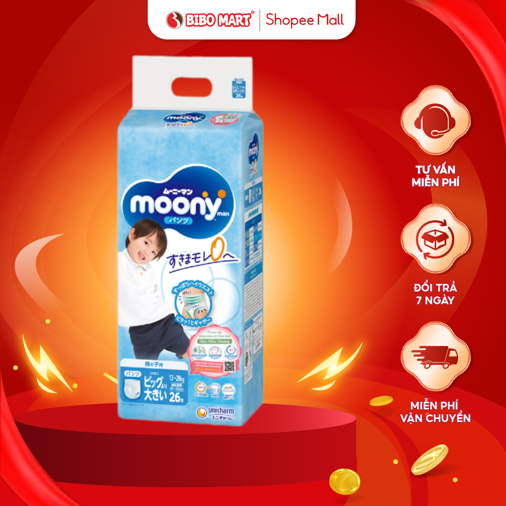 Bỉm Tã Quần Moony Xanh Thấm Hút Nhanh Co Dãn Linh Hoạt Chống Tràn Hiệu Quả Size XXL26 XL38 L44 M52 - Bibomart
