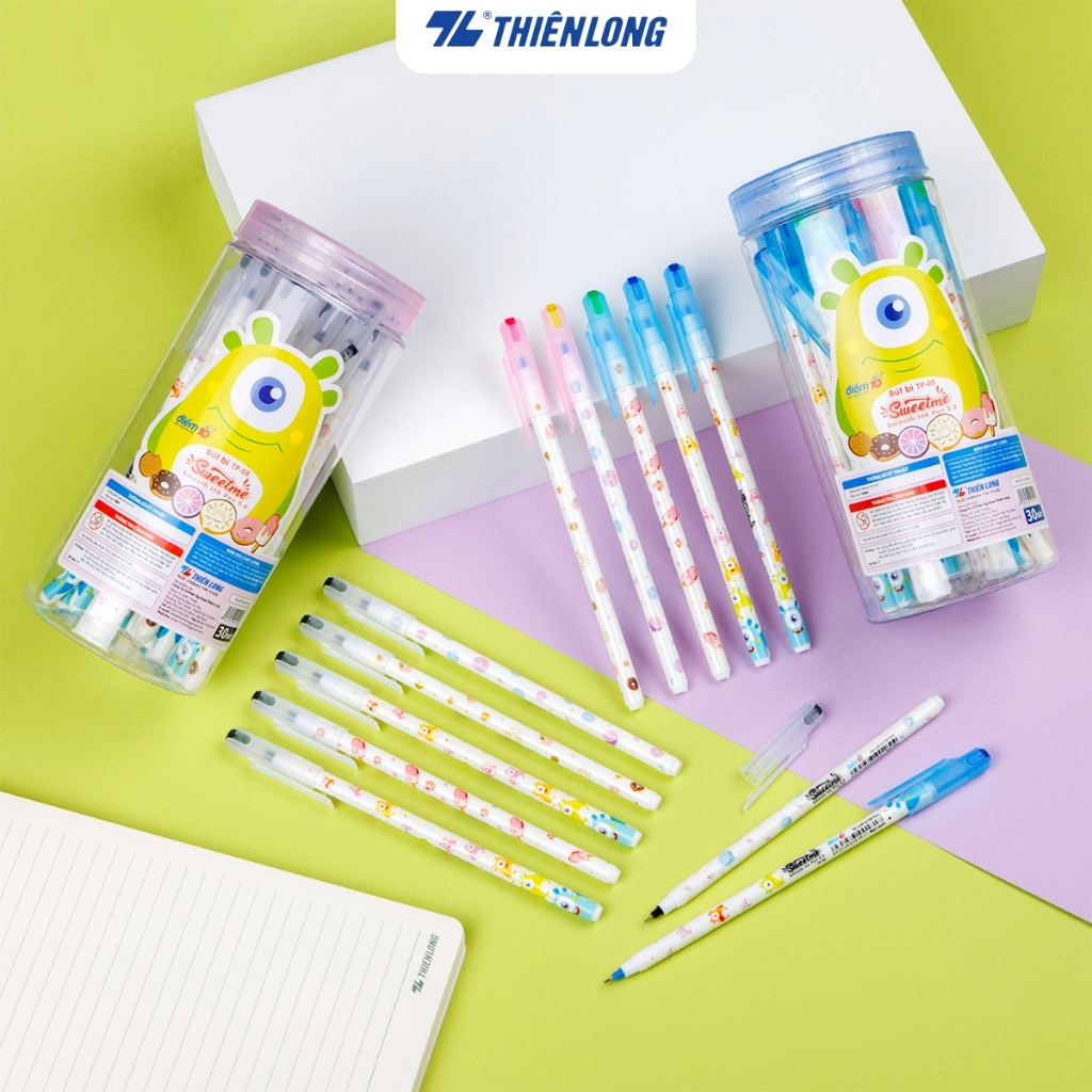 Hũ 30 Bút bi Thiên Long Sweetme TP-08 ngòi 0.6mm mực xanh/đen có nắp đậy phù hợp cho học sinh, sinh viên
