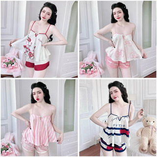 Bộ Đùi Dây Ngủ Lụa Mịn Mát Nút Tàu Freesize 40-60kg