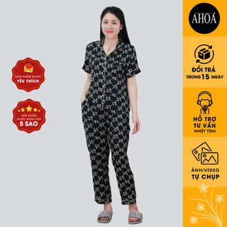 Bộ Lụa Pijama AHOA Quần Dài, Đồ Bộ Cho Mẹ Cộc Tay Cao Cấp Sang Trọng Không Nhăn Không Bai Xù BLD