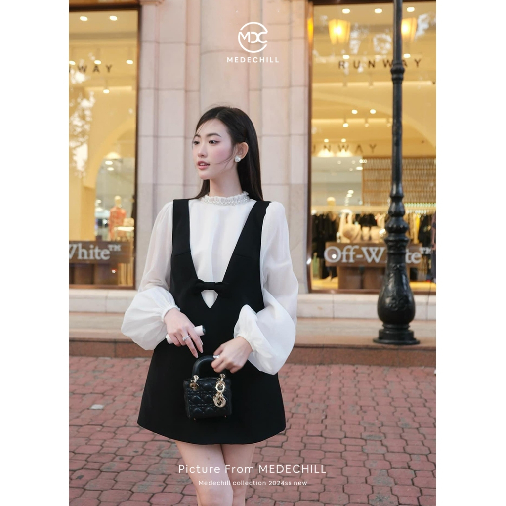  Set Yếm Thanh Lịch MEDECHILL Váy Yếm 2 Dây Gắn Nơ Tạo Điểm Nhấn Áo Sơ Mi Dài Tay Cổ Lọ Phối Ngọc Sang Chảnh S587 