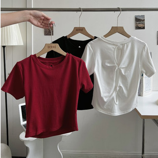 Áo phông nữ hở lưng xoắn sau dáng croptop ôm, Áo baby tee chất cotton co giãn nhẹ thấm mồ hôi A5240565 
