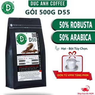 Gói 500g cà phê cân bằng D55 với sự hòa quyện tinh tế giữa cà phê robusta đậm mạnh và arabica chua thanh cafe Đức Anh
