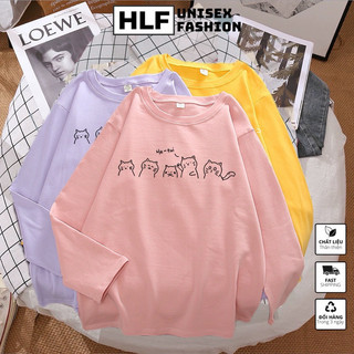 Áo thun dài tay form xuông rộng mèo He-tui, áo thu đông nữ HLFashion