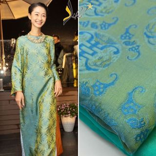 Lụa may áo dài - silk – hoa văn thọ dơi màu xanh rêu – tr15