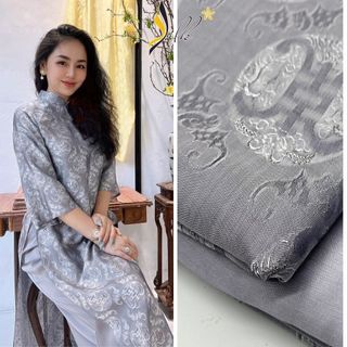 Lụa may áo dài - silk – hoa văn thọ dơi màu ghi xám – tr07