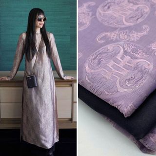 Lụa may áo dài - silk – hoa văn thọ dơi màu tím nhạt – tr11