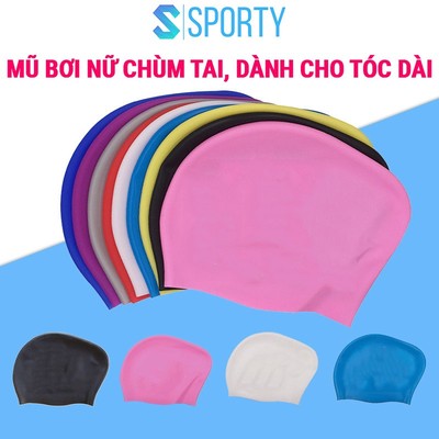 Mũ bơi SPORTY CA45 silicone co giãn, chống nước 100%, chùm tai cho nữ có tóc dài búi