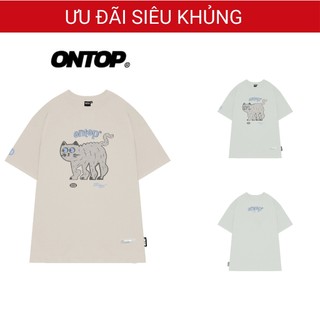 Áo phông local brand chính hãng ONTOP nam nữ form rộng hình in mèo màu xám Doodle Cat | O19-T7