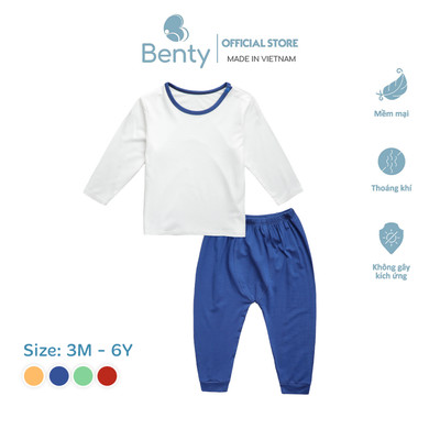 Bộ dài tay cài vai BENTY trơn phối viền cổ co giãn mềm mịn mát cao cấp, đồ bộ cho bé mặc điều hoà