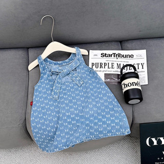 Váy bé gái, váy jean ba lỗ nơ in tràn cho bé 10-32kg