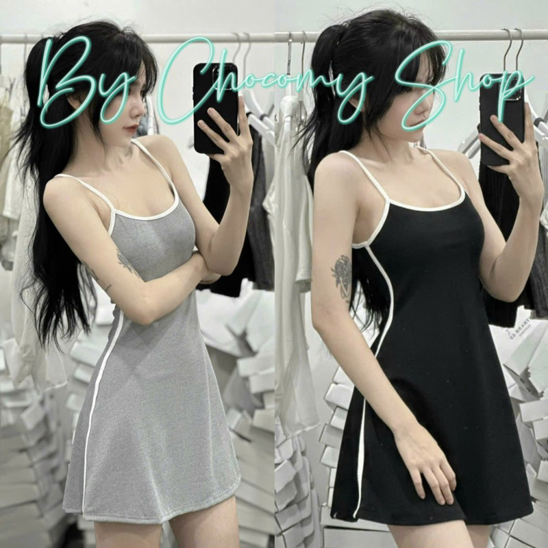 Đầm hai dây nữ dáng ngắn phối viền trắng ôm body Kèm khoác ngoài Váy nữ sexy 2 dây free size - ChocomyShop