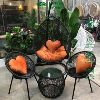 Bộ xích đu kèm bàn ghế sân vườn HEALHOMES mây nhựa cao cấp dùng decor sân vườn quán cafe sang trọng