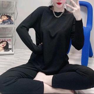 85.79 SET BỘ ĐỒ ÁO RỘNG CỔ TRÒN ủ kem chất gân quần dài lưng cao ống ôm áo from rộng tay dài cổ tròn