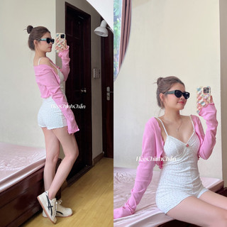 HèoChinhChắn | Set Bodysuit Trắng Hoa Nhí Kèm Áo Khoác Thun Hồng