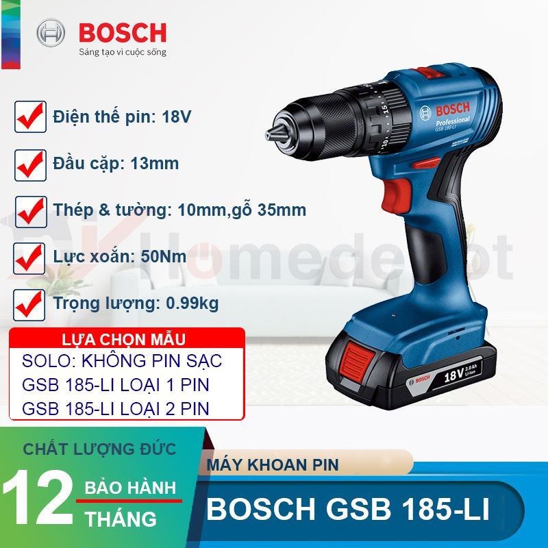 Máy khoan động lực dùng pin Bosch GSB 185-LI 18V Hàng chính hãng