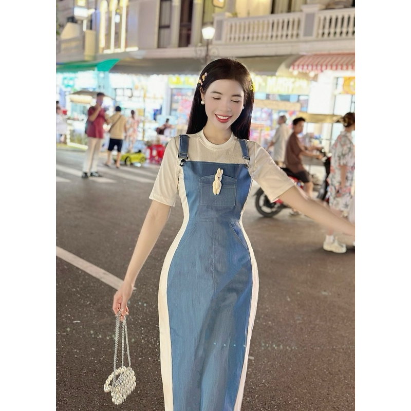 Đầm thun phối denim yếm tag thỏ Sỉ