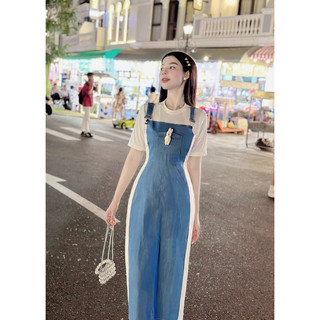 Đầm thun phối denim yếm tag thỏ Sỉ