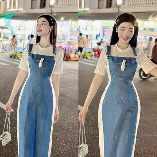Đầm thun phối denim yếm tag thỏ Sỉ