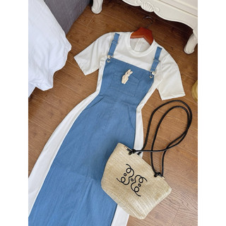 Đầm thun phối denim yếm tag thỏ Sỉ