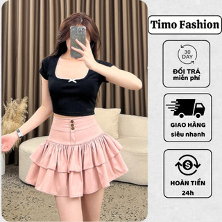 Áo thun nữ ngắn tay có phối nơ TIMO, Áo croptop nữ cổ vuông phối viền ren, chất vải thun co giãn, mặc đi chơi, AOT115