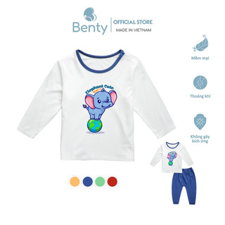 Bộ dài tay cài vai phối viền BENTY in hình voi BT077 cotton mềm mịn mát, quần áo trẻ em an toàn