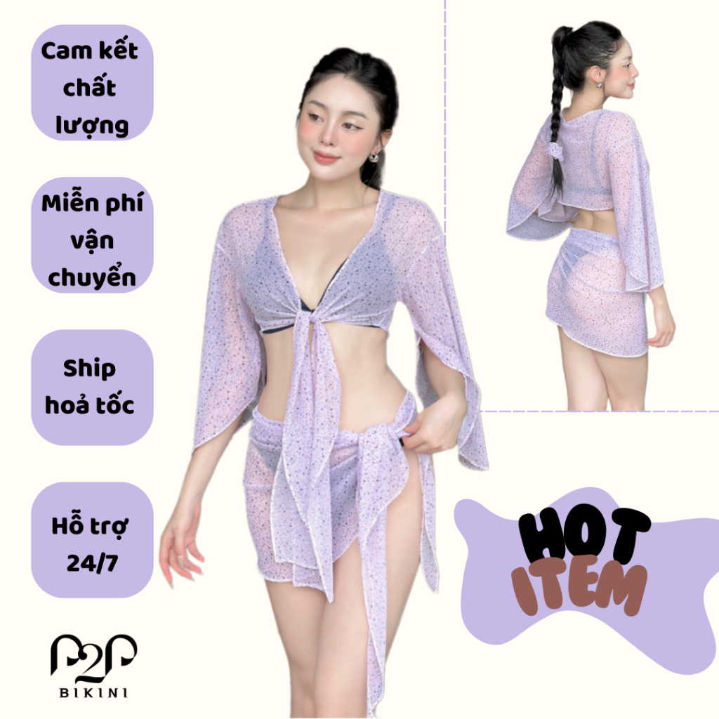 [Cao cấp] Set lưới siêu xinh combo 4 món áo + khăn cột + turban + scrunchies - P2P BIKINI