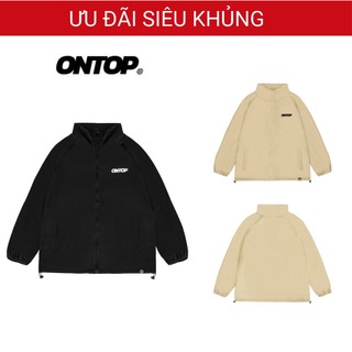 Áo khoác dù local brand ONTOP nam nữ 2 lớp cổ trụ đen kem form rộng thêu chữ Basic High-neck Jacket | O14-AK9