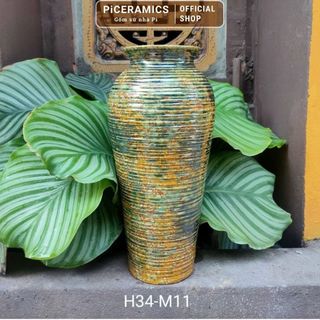 Bình hoa gốm Bát Tràng dáng đùi dế men vàng sắc hoa, cao 34cm miệng 11cm