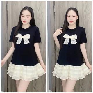 Váy yt51, đầm suông đính nơ phối chân voan tiểu thư from rộng