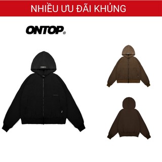 Áo khoác kaki local brand ONTOP nam nữ form boxy có mũ 2 đầu kéo đen, nâu Kaki Hooded | O21-AK14