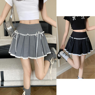 Chân Váy Ngắn Xếp Ly Thắt Dây Đính Nơ Dáng Xòe Phối Ren Cạp Cao 2 Màu Phong Cách Lolita Hottrend Siêu Xinh