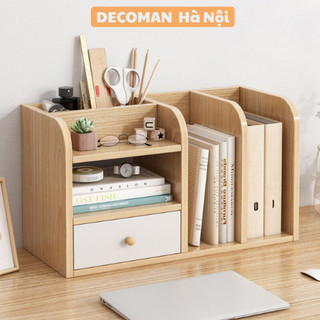 Kệ giá sách mini có ngăn kéo gỗ MDF cao cấp decor để bàn học, làm việc thương hiệu đựng đồ sách vở  DECOMAN - D27