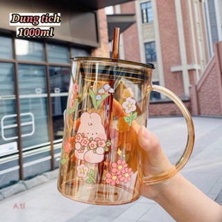 Cốc thuỷ tinh lớn 1000ml có nắp và ống hút chịu nhiệt tốt, ly thuỷ tinh cao cấp dễ thương