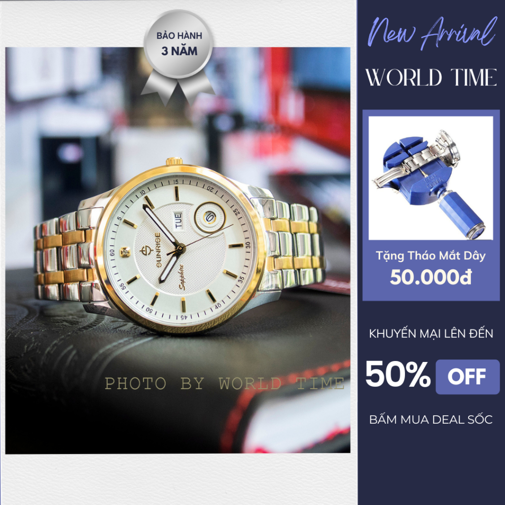 Đồng Hồ Nam Sunrise DM784SWA G Full Box  + Thẻ BH 3 NĂM, Kính Sapphire Chống Xước, Chống Nước - Dây 