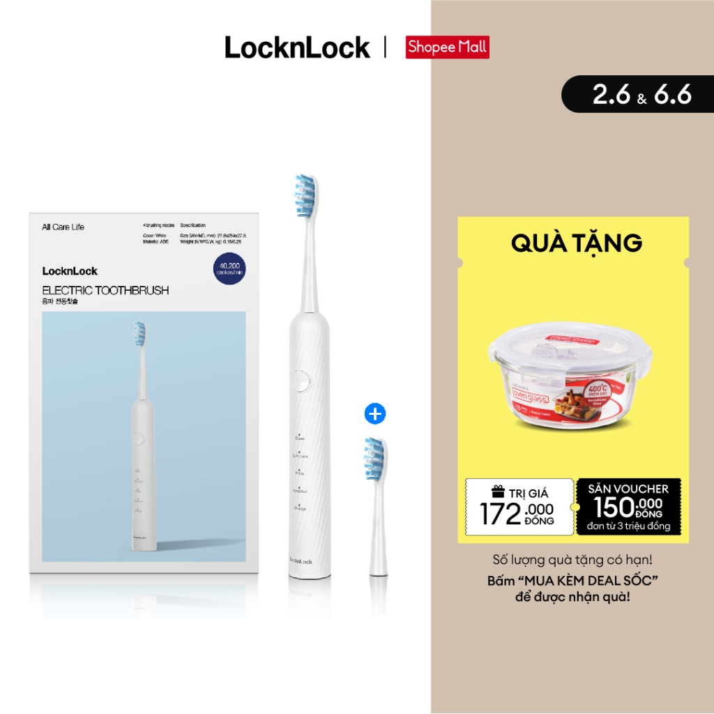 Bàn chải điện LocknLock Electric toothbrush Màu trắng ENR331WHT 4 chế độ, hẹn giờ thông minh