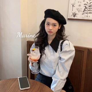 MARINE Áo sơ mi kẻ sọc dài tay phối cổ phong cách tiểu thư Hàn Quốc [K73]