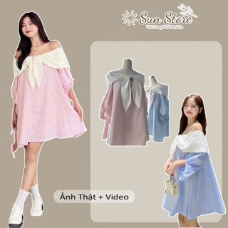 Váy Babydoll tay bồng, Đầm trễ vai kẻ sọc tay bồng có nơ trước ngực xinh dễ thương phong cách Hàn Quốc
