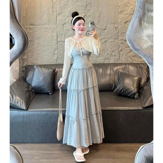 Đầm 2 dây dáng dài xòe phối áo khoác ren 2 màu có ảnh thật