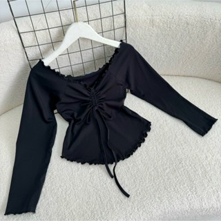 Áo Kiểu Bigsize Nữ Tay Dài Trễ Vai Dây Rút Tôn Vòng 1 Viền Bèo Tiểu Thư Chất Borip Cotton Thanh Lịch  A239