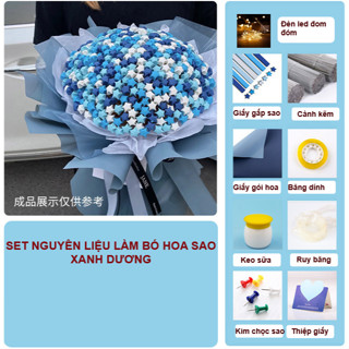 (99-250- 540 sao) Set nguyên liệu làm bó hoa sao giấy tone xanh dương (kèm đèn và thiệp)