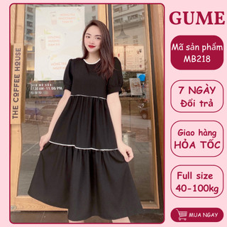 Váy bầu bigsize - Đầm bầu thiết kế GuMe màu đen 3 tầng mí trắng tay cộc chất vải sạn lụa size từ 40-100kg MB218