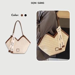 Túi cói đeo vai phối dây da vintage có cúc bấm đựng đồ đi làm đi du lịch mẫu mới Gọn Gàng